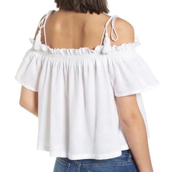DL1961 Cornelia Cropped Top Womens XS White Off Shoulder Linen Blend Tasseled - Picture 4 of 10